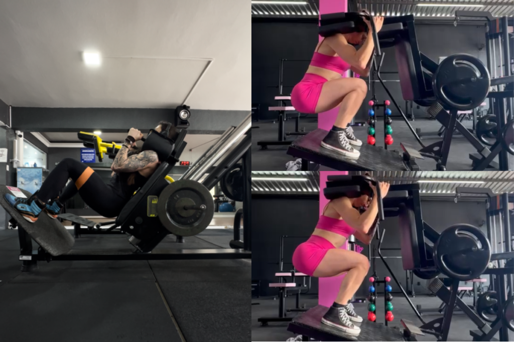 Imagem atual: Personal trainer realizando leg press e agachamento na máquina com diferentes tipos de tênis.