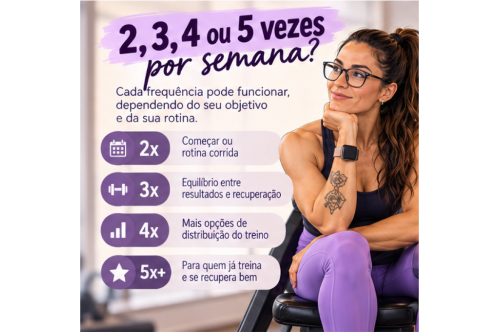 Mulher avaliando quantas vezes por semana treinar depois dos 40, com opções de frequência de musculação.