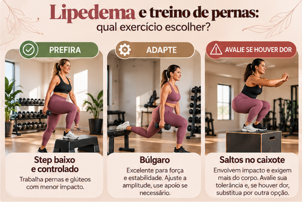 Comparação de exercícios para pernas com diferentes níveis de exigência e impacto.