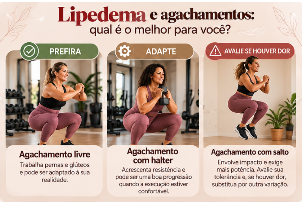 Agachamento livre, agachamento com halter e agachamento com salto para diferentes capacidades físicas.