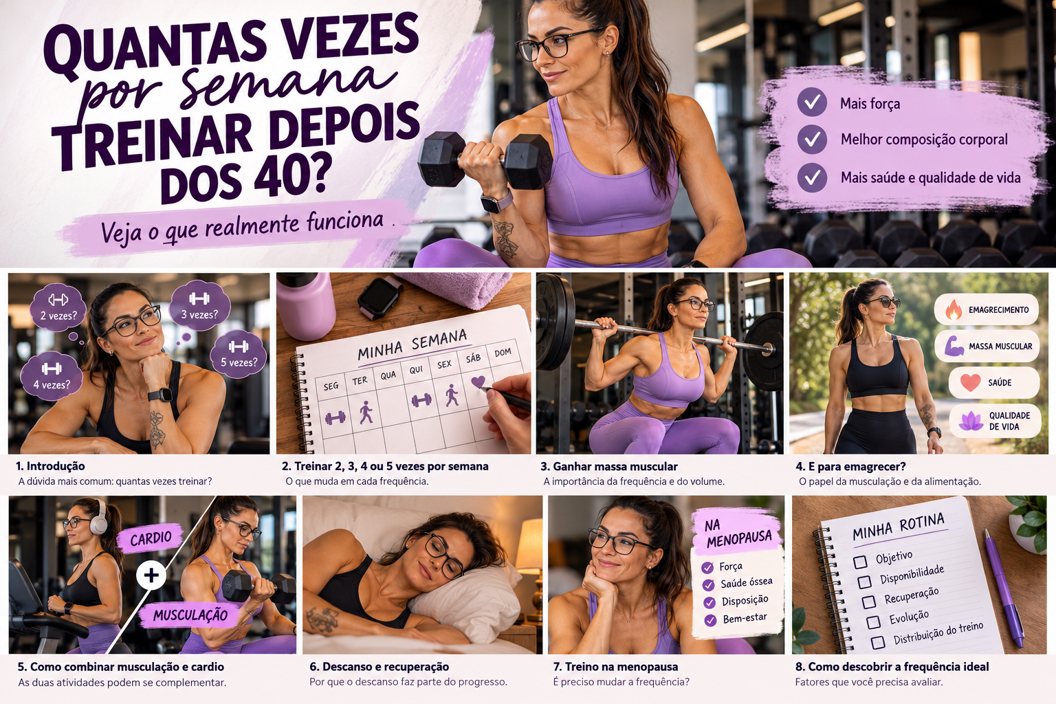 Mulher fazendo musculação com halteres, ilustrando quantas vezes por semana treinar depois dos 40.
