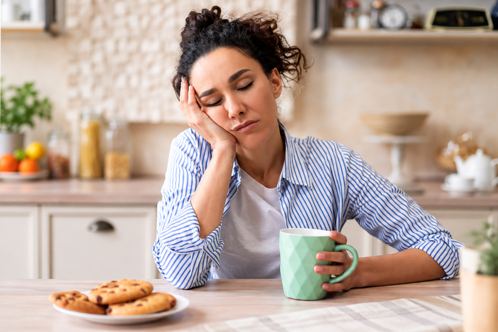 Mulher cansada tomando café pela manhã após uma noite de sono ruim.