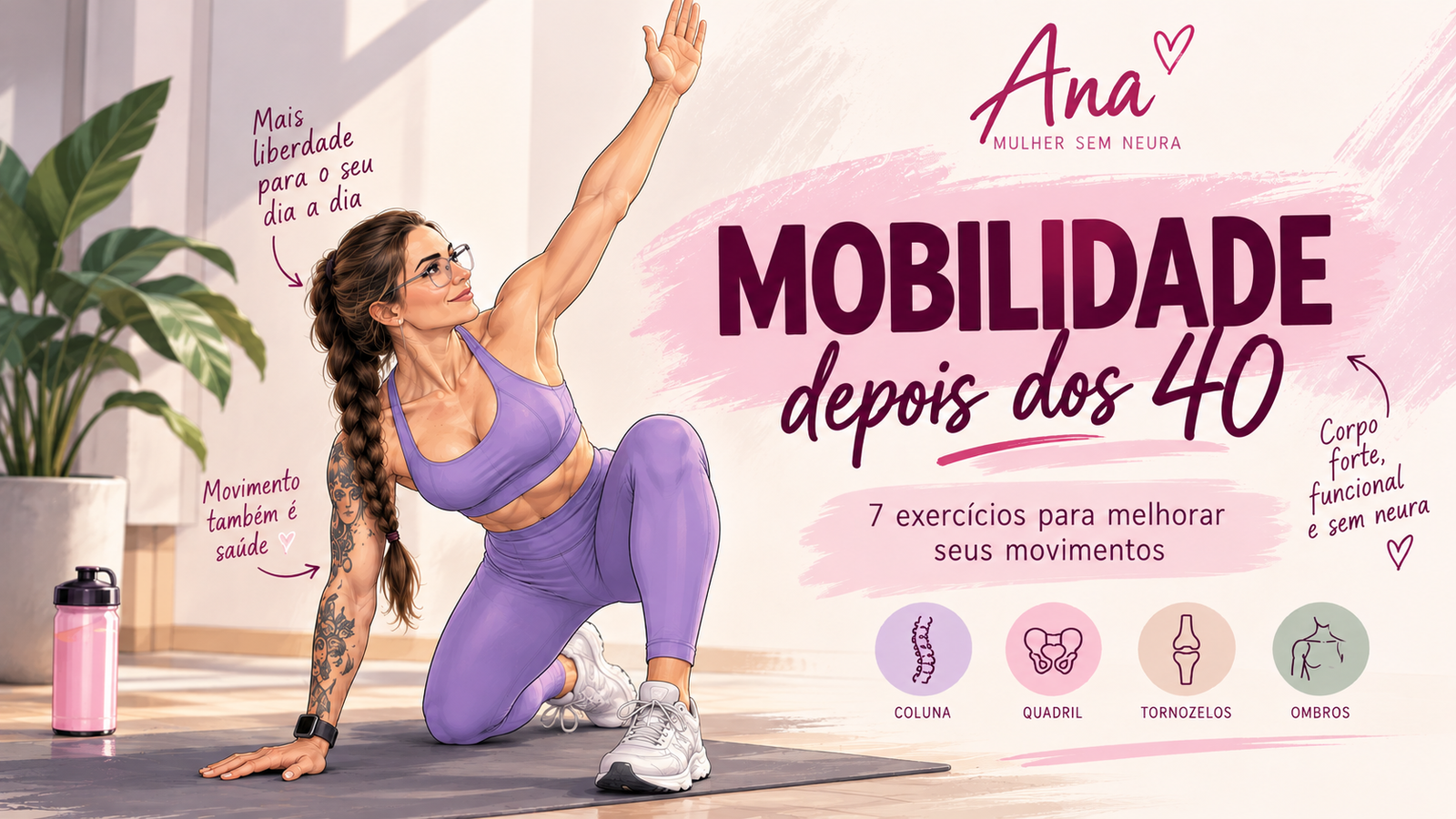 Ana ilustrada demonstrando exercício de mobilidade, com o título Mobilidade depois dos 40.