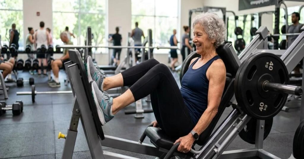 Imagem atual: Mulher madura fazendo musculação com progressão de carga