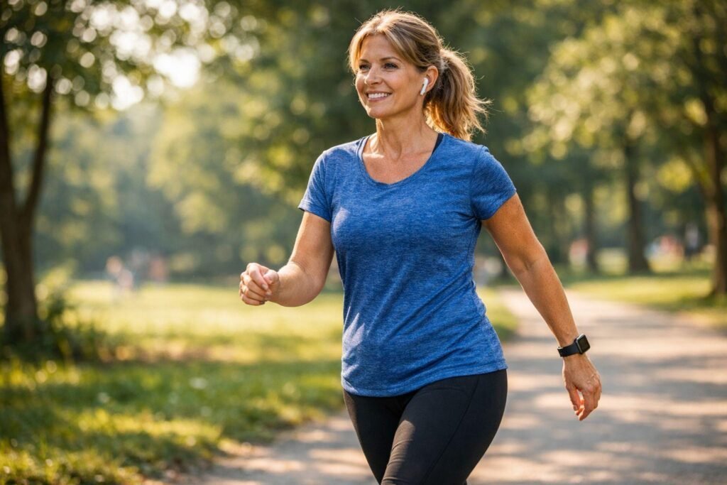 Imagem atual: Mulher praticando caminhada e recuperação ativa na menopausa