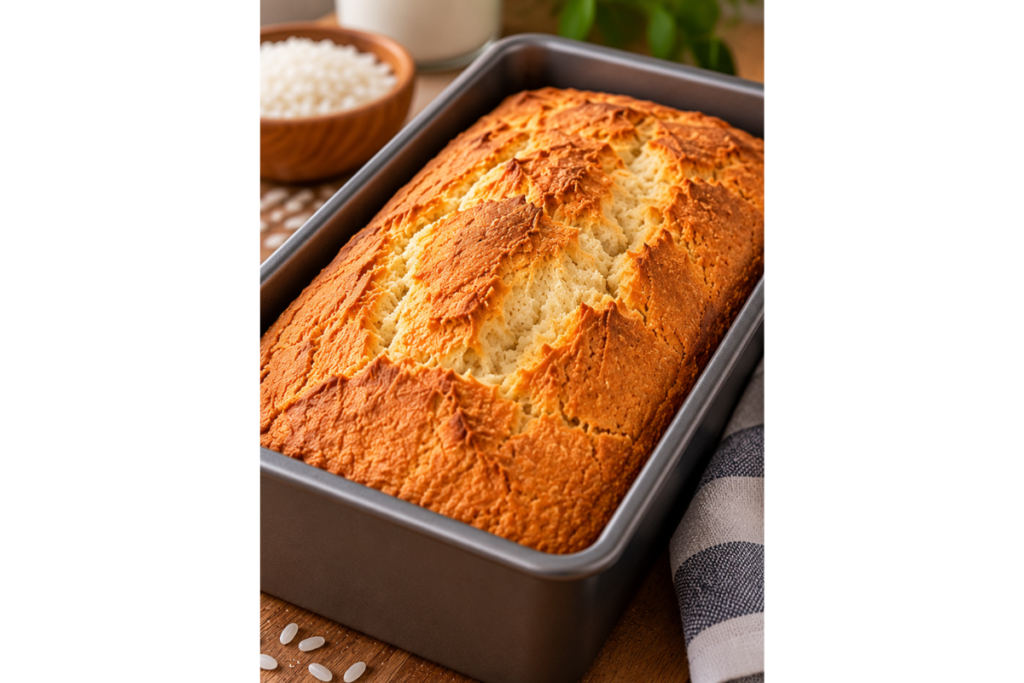Pão de arroz sem glúten dourado dentro de uma forma retangular
