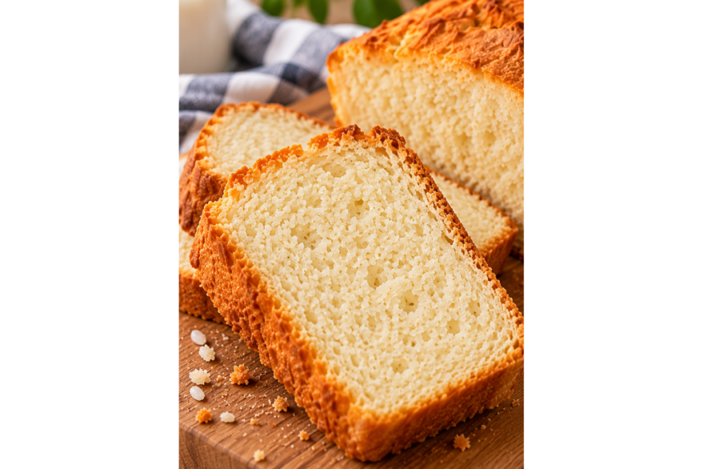 Fatias de pão de arroz sem glúten mostrando o miolo e a casquinha dourada