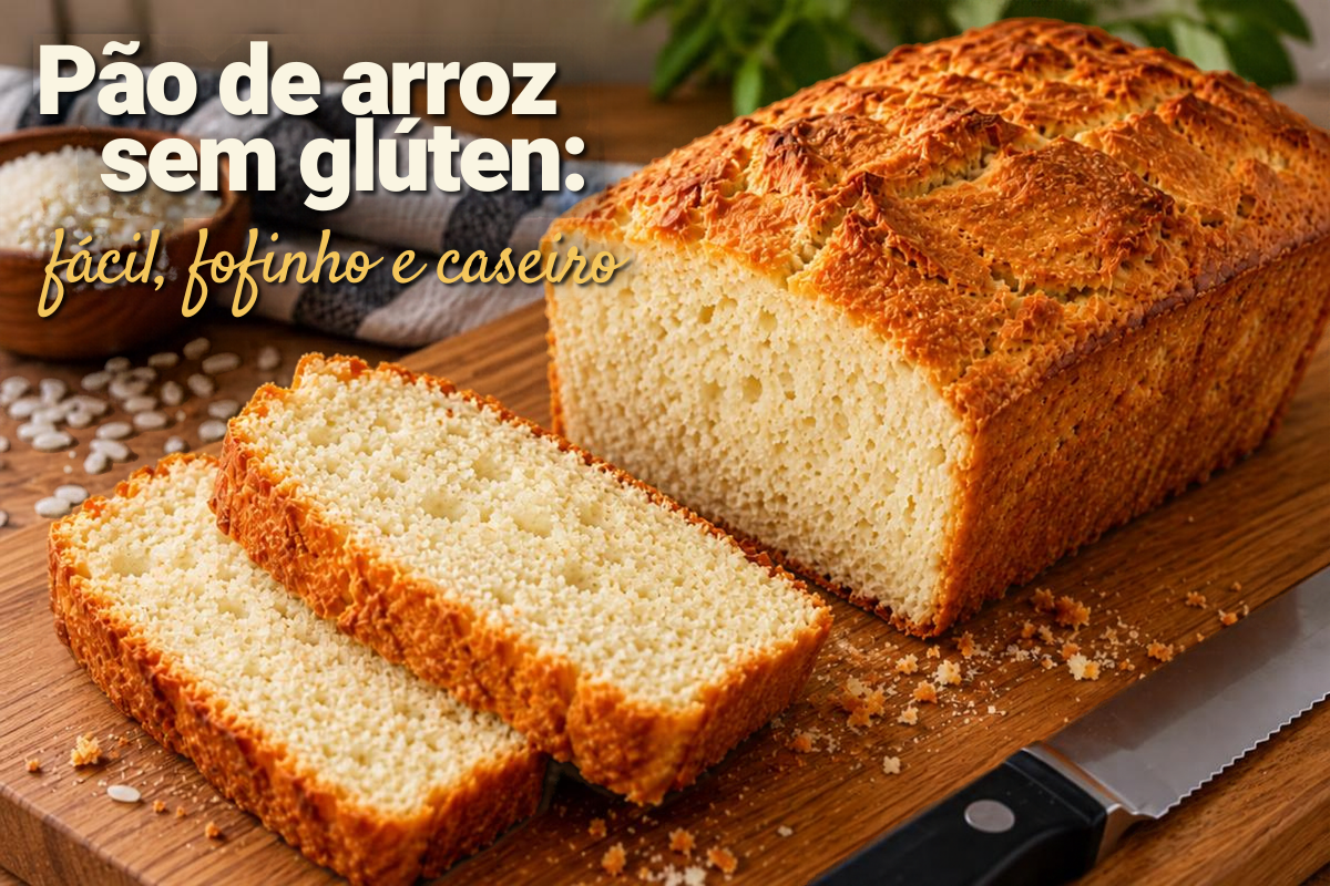 Pão de arroz sem glúten caseiro com casquinha dourada e fatias macias