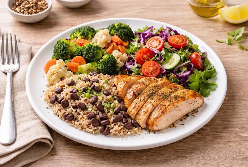 Refeição equilibrada com frango, arroz, feijão e vegetais