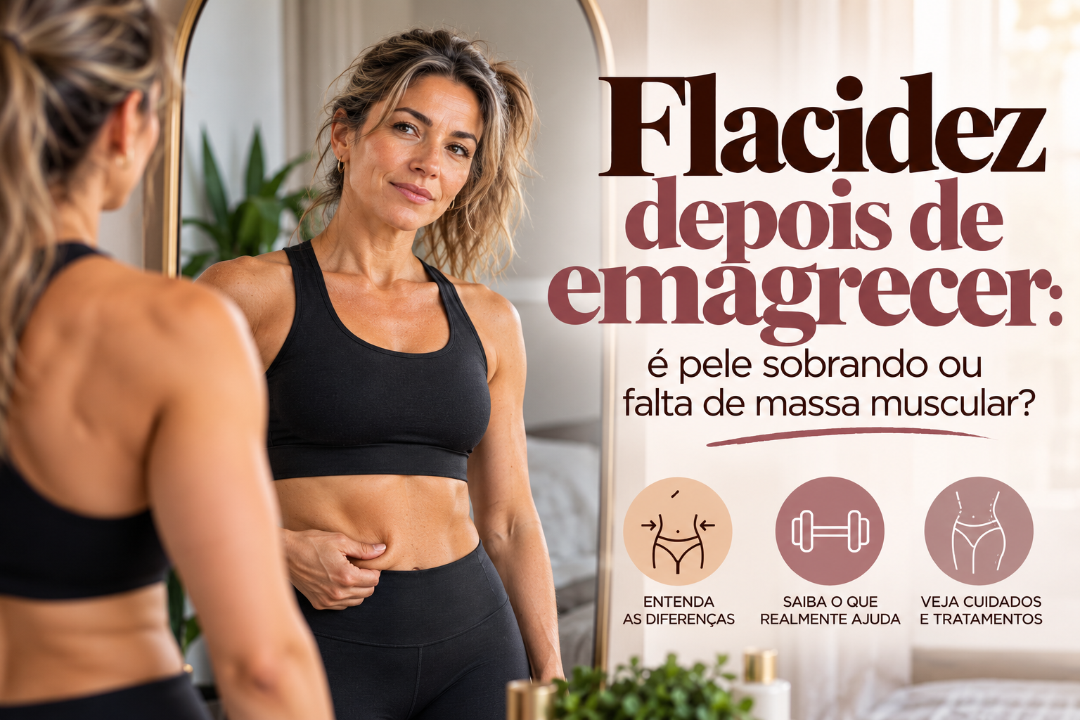 Flacidez depois de emagrecer: mulher madura observando as mudanças no corpo diante do espelho