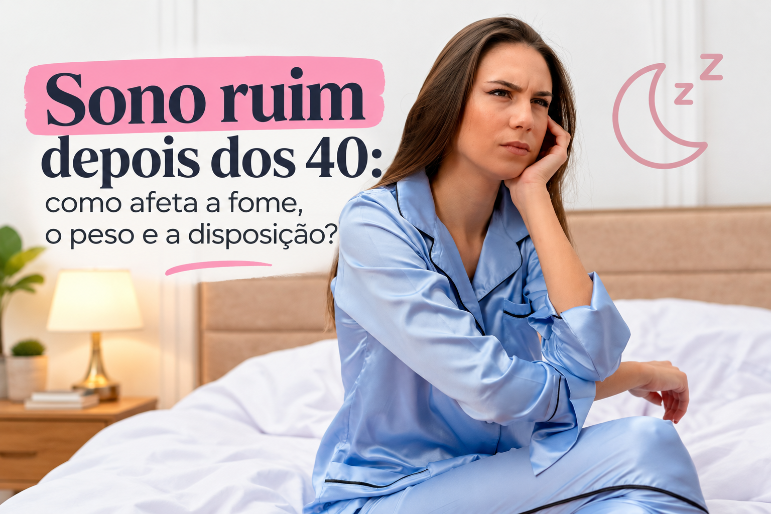 Sono ruim depois dos 40: mulher acordada na cama com expressão de cansaço.