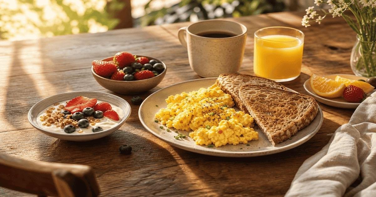 Café da manhã rico em proteína depois dos 40 com ovos, pão integral e frutas